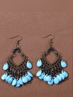 Boho Teardrop Fringe Earrings in Light Blue
